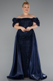 Long Navy Blue Beaded Plus Size Evening Dress ABU5155