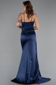 Long Navy Blue Satin Prom Gown ABU5171