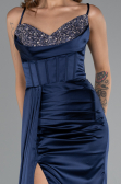 Long Navy Blue Satin Prom Gown ABU5171