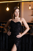 Black Strapless Beaded Slit Long Evening Gown ABU4871