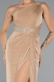 Gold One Shoulder Slit Glittered Long Prom Dress ABU4599