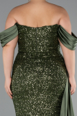 Olive Drab Boat Neck Long Sequined Plus Size Evening Gown ABU4086