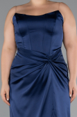 Long Navy Blue Satin Plus Size Evening Gown ABU5179