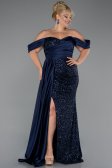 Navy Blue Boat Neck Long Sequined Plus Size Evening Gown ABU4086