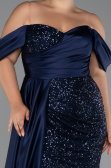 Navy Blue Boat Neck Long Sequined Plus Size Evening Gown ABU4086