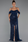 Long Navy Blue Beaded Evening Dress ABU5316