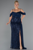 Long Navy Blue Beaded Formal Plus Size Dress ABU5319
