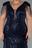 Long Navy Blue Beaded Plus Size Evening Dress ABU5336