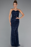Navy Blue Strapless Shawl Stoned Long Evening Gown ABU4517