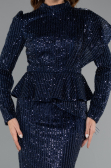 Navy Blue Long Sleeve Stand Collar Midi Beaded Evening Gown ABK2346