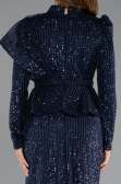 Navy Blue Long Sleeve Stand Collar Midi Beaded Evening Gown ABK2346