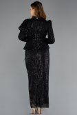 Black Long Sleeve Stand Collar Midi Beaded Evening Gown ABK2346
