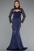 Navy Blue Long Sleeve Bustier Detailed Sequin Train Satin Evening Gown ABU4765