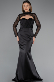 Black Long Sleeve Bustier Detailed Sequin Train Satin Evening Gown ABU4765