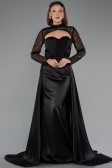 Black Long Sleeve Bustier Detailed Sequin Train Satin Evening Gown ABU4765