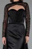 Black Long Sleeve Bustier Detailed Sequin Train Satin Evening Gown ABU4765