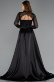 Black Long Sleeve Bustier Detailed Sequin Train Satin Evening Gown ABU4765