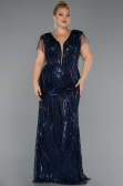 Navy Blue Beaded Detailed V Neck Long Sequined Plus Size Evening Gown ABU5384