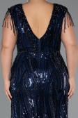 Navy Blue Beaded Detailed V Neck Long Sequined Plus Size Evening Gown ABU5384