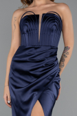 Long Navy Blue Satin Prom Gown ABU5417