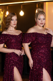 Burgundy Boat Neck Slit Long Sequin Evening Gown ABU4843
