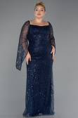 Long Navy Blue Beaded Plus Size Evening Gown ABU5067