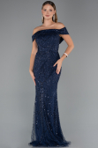 Long Navy Blue Beaded Evening Dress ABU5492