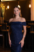 Long Navy Blue Beaded Evening Dress ABU5492