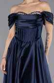 Long Navy Blue Satin Evening Dress ABU5530
