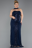 Long Navy Blue Beaded Plus Size Evening Gown ABU5495