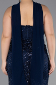 Long Navy Blue Beaded Plus Size Evening Gown ABU5495