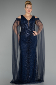 Long Navy Blue Beaded Plus Size Evening Gown ABU5498