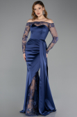 Long Navy Blue Satin Mermaid Evening Gown ABU5641