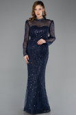 Long Navy Blue Beaded Plus Size Evening Gown ABU5643
