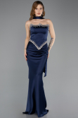 Long Navy Blue Satin Mermaid Prom Dress ABU5644