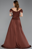 Brown Boat Neck Slit Long Satin Prom Gown ABU4508