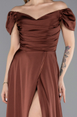 Brown Boat Neck Slit Long Satin Prom Gown ABU4508