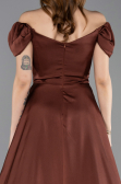 Brown Boat Neck Slit Long Satin Prom Gown ABU4508