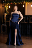 Long Navy Blue Satin Evening Dress ABU5684