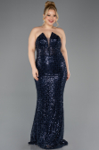Long Navy Blue Beaded Plus Size Evening Gown ABU5698