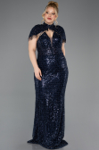 Long Navy Blue Beaded Plus Size Evening Gown ABU5698
