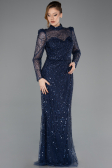 Navy Blue Long Sleeve High Collar Stoned Evening Gown ABU4526