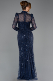 Navy Blue Long Sleeve High Collar Stoned Evening Gown ABU4526