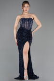 Long Navy Blue Beaded Evening Dress ABU5696