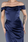 Long Navy Blue Satin Prom Gown ABU5709