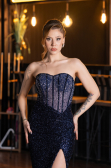 Long Navy Blue Beaded Evening Dress ABU5696