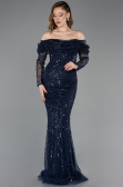 Long Navy Blue Beaded Evening Dress ABU5825