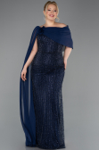 Long Navy Blue Beaded Plus Size Evening Dress ABU5819