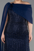 Long Navy Blue Beaded Plus Size Evening Dress ABU5819