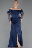 Long Navy Blue Satin Plus Size Evening Dress ABU5831